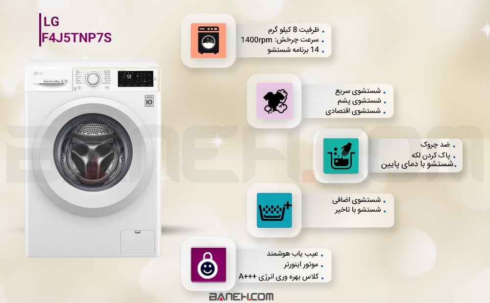 اینفوگرافی ماشین لباسشویی ال جی  بخار شور دار 8 کیلو   LG F4J5TNP7S Washing Machine